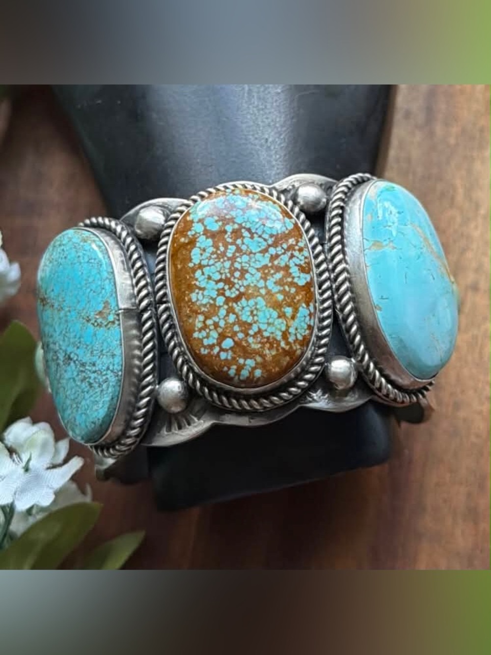 Navajo Sterling Silver Blue Number 8 Turquoise Cuff Bracelet RY
